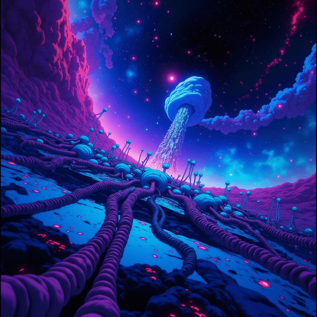 Surreal psychedelic landscape with glowing structures